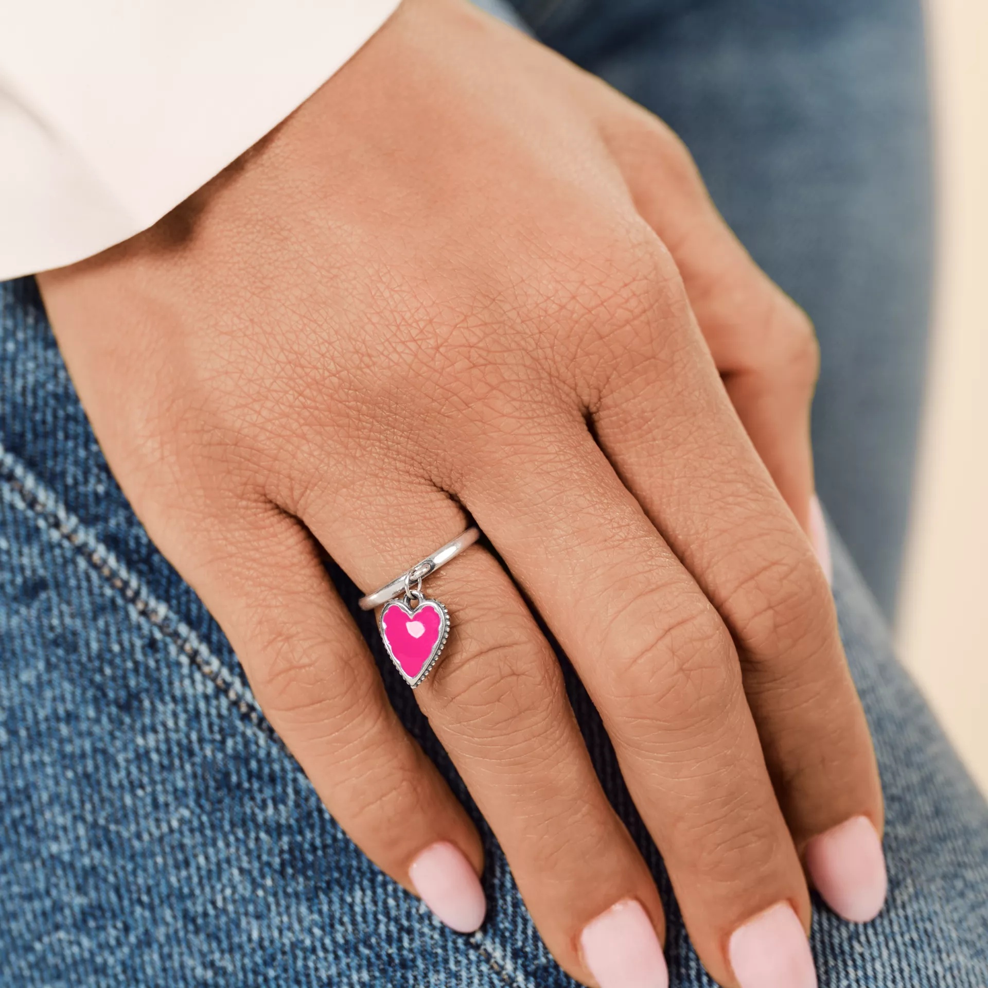 Small Enamel Heart Charm Dangle Ring - Image 2